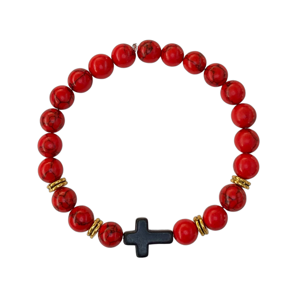 Red Turquoise with Cross Crystal Men Women Natural Gemstone Beaded Bracelet